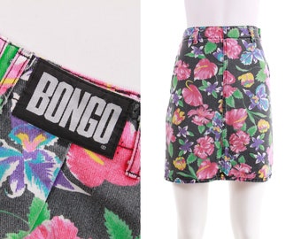 1990s BONGO Floral Denim High Waist Mini Skirt USA Size 3 / 23" waist