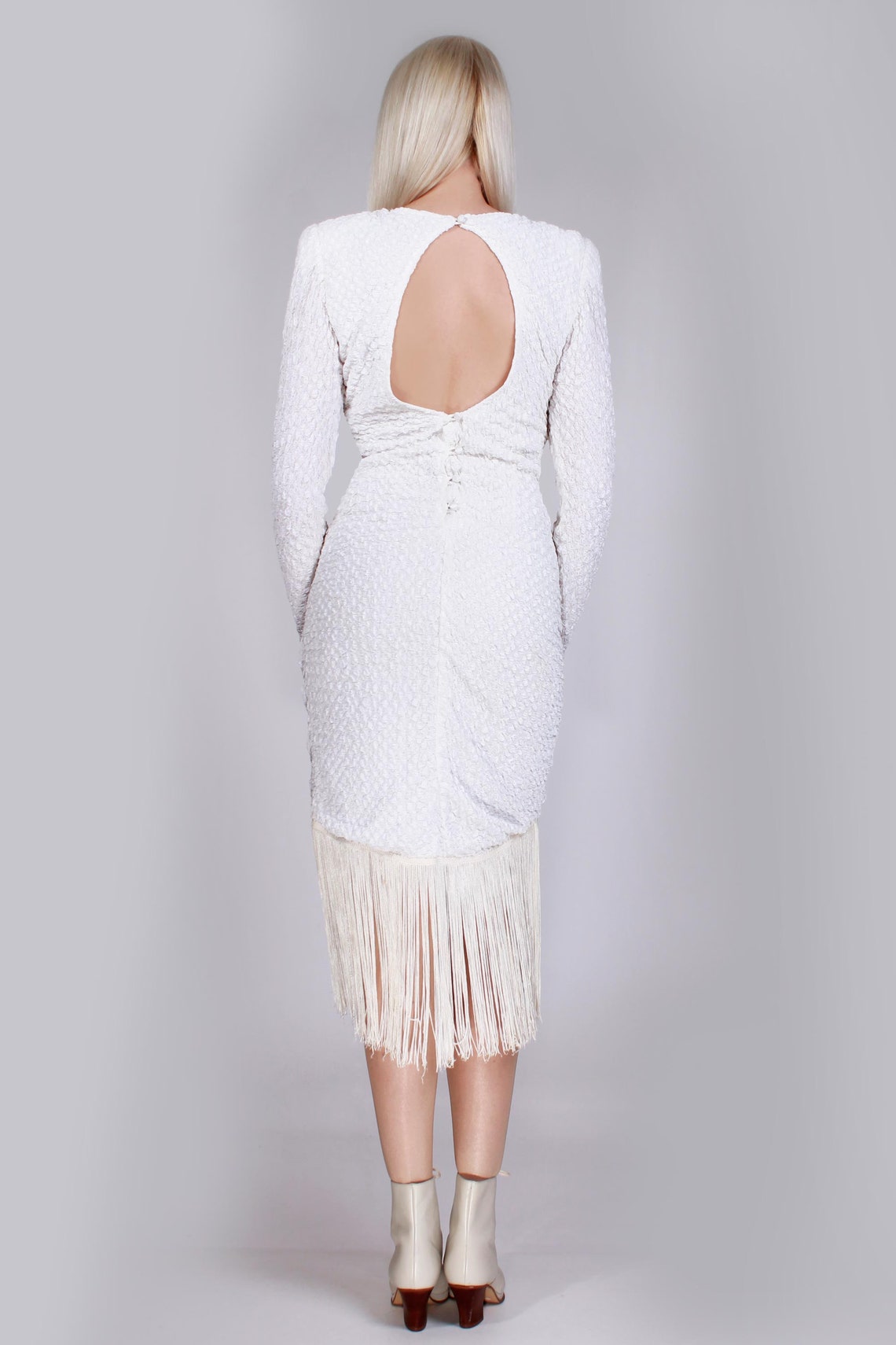 80s White FRINGE Textured Long Sleeve Stretchy Bodycon Dress | Etsy