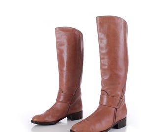 Vintage Sesto Meucci Caramel Tan Leather Stacked Heel Riding Campus Boho Boots Made in Italy Women's Size 5.5 / 9" insole