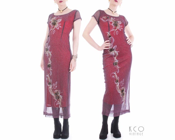 90s Metallic Mesh Glitter Asian Maxi Dress