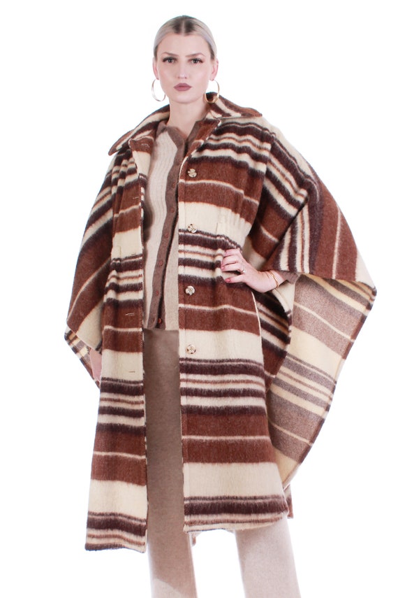 Vintage Striped Virgin Wool Ivory and Brown Heavy… - image 2