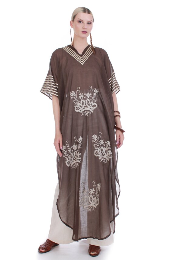 70s Vintage Embroidered Brown Cotton Caftan Maxi D