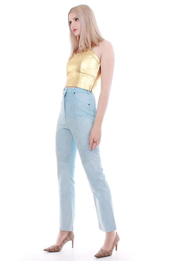 90s Pastel Blue Suede High Waist Stretch Pants - image 2