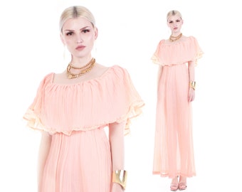 1970s Vicky Vaughn Peach Gauze Boho Maxi Dress Made in the USA Size 11 - Medium - 32-42" bust