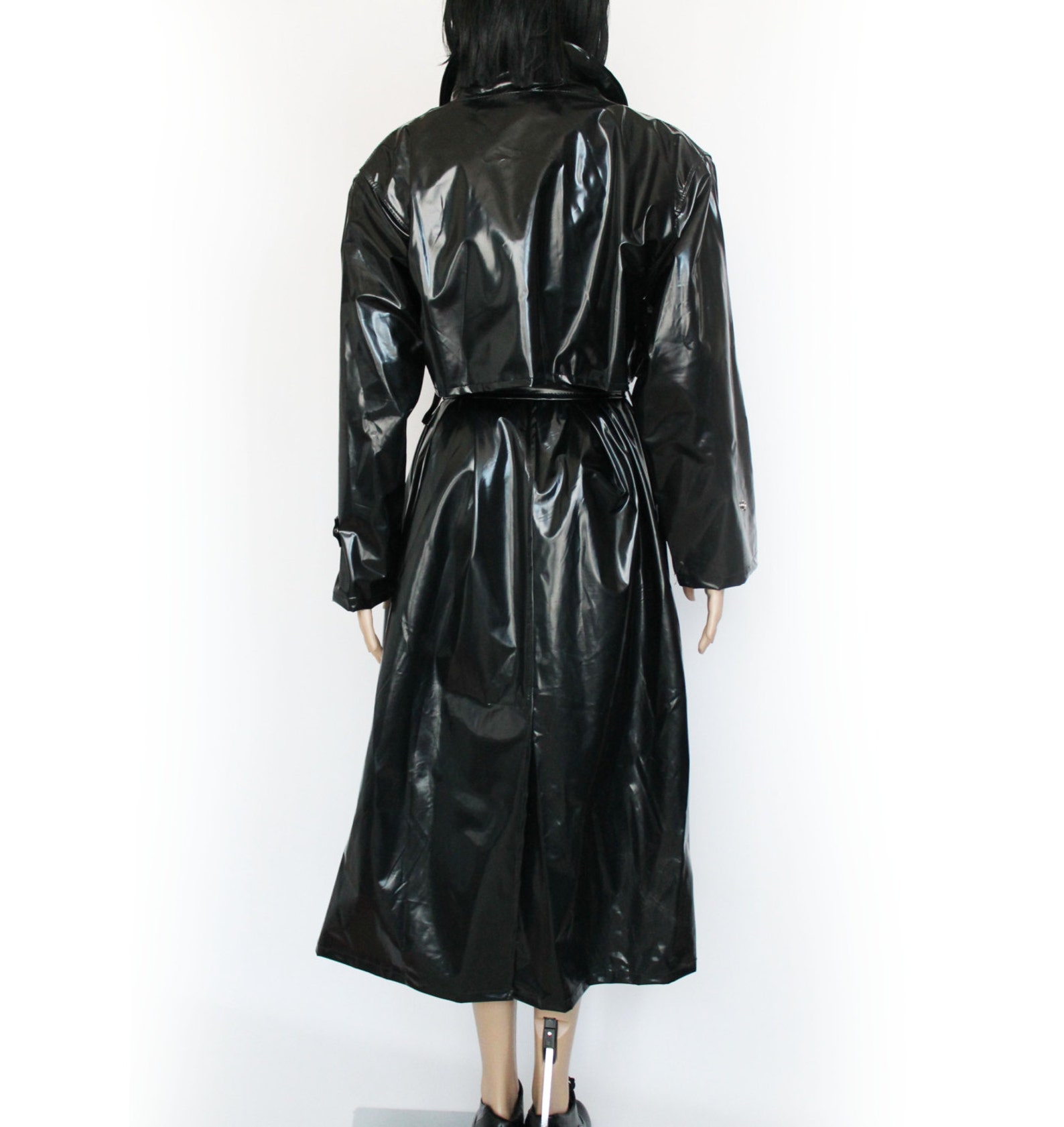 M/L Black Vinyl Trench Coat Long Maxi Shiny Plastic PVC Rain | Etsy