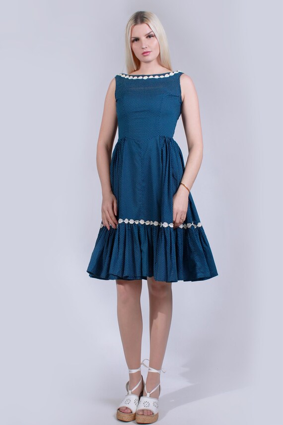 Vintage 1950s Skirt Gingham Navy and White Circle Skirt With Ruffle XS 25 Waist