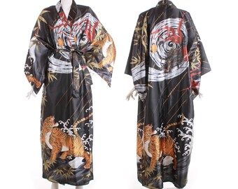 Vintage Ichiban Japan Tiger vs Dragon Print Silky Kimono Robe OSFA