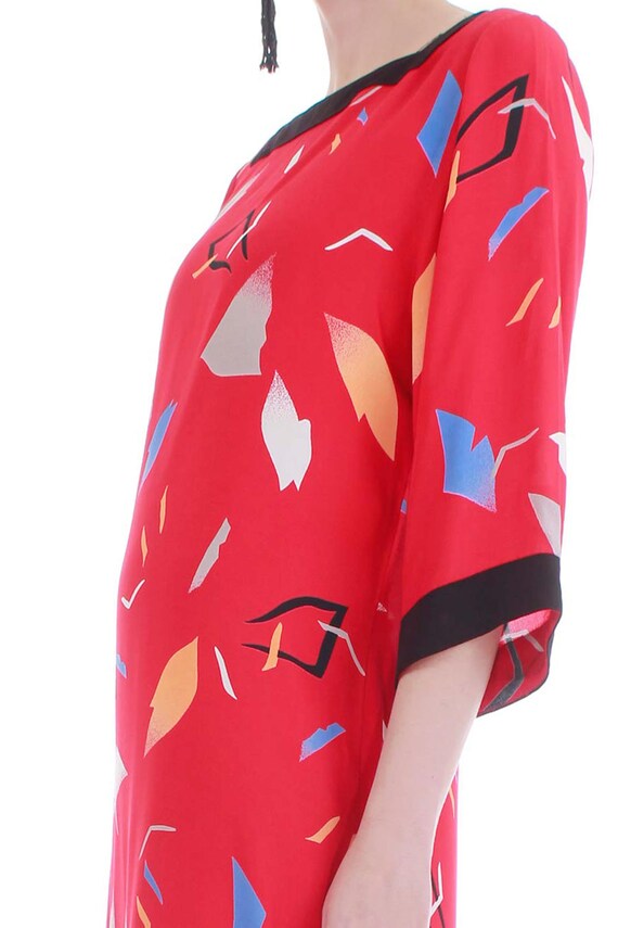 Vtg Silky Kimono Sleeve Tunic Dress Red Abstract … - image 4
