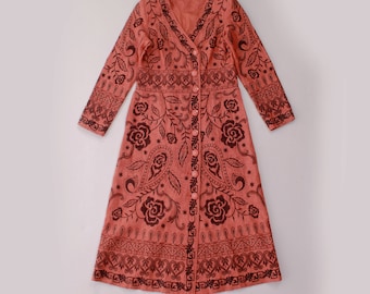 Vintage Linen Duster Jacket Terracotta + Black Ornate Embroidery Size 8 / Medium / 38" bust / 34" w