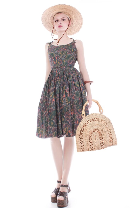 Vintage 1950s Cotton Olive Floral Print Sun Dress Size XXS