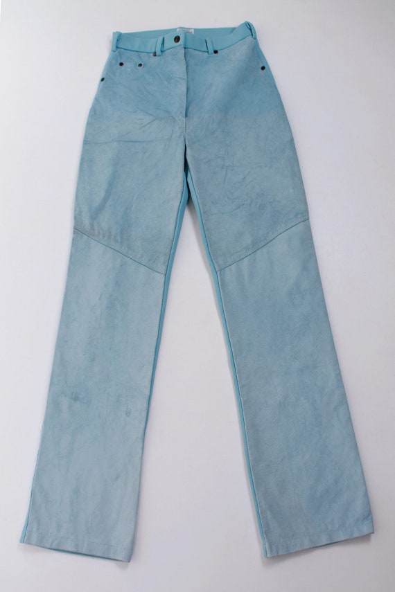 90s Pastel Blue Suede High Waist Stretch Pants - image 5