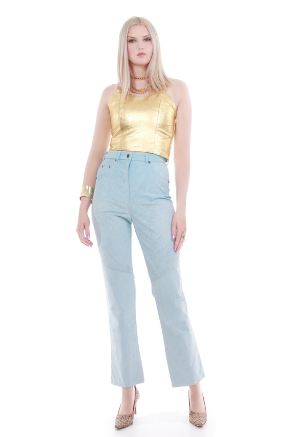 90s Pastel Blue Suede High Waist Stretch Pants - image 1
