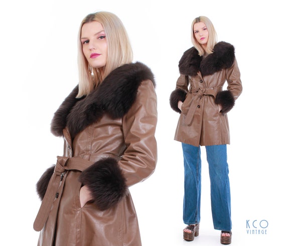 70's Vintage Leather and Shearling Fur Belted Coat