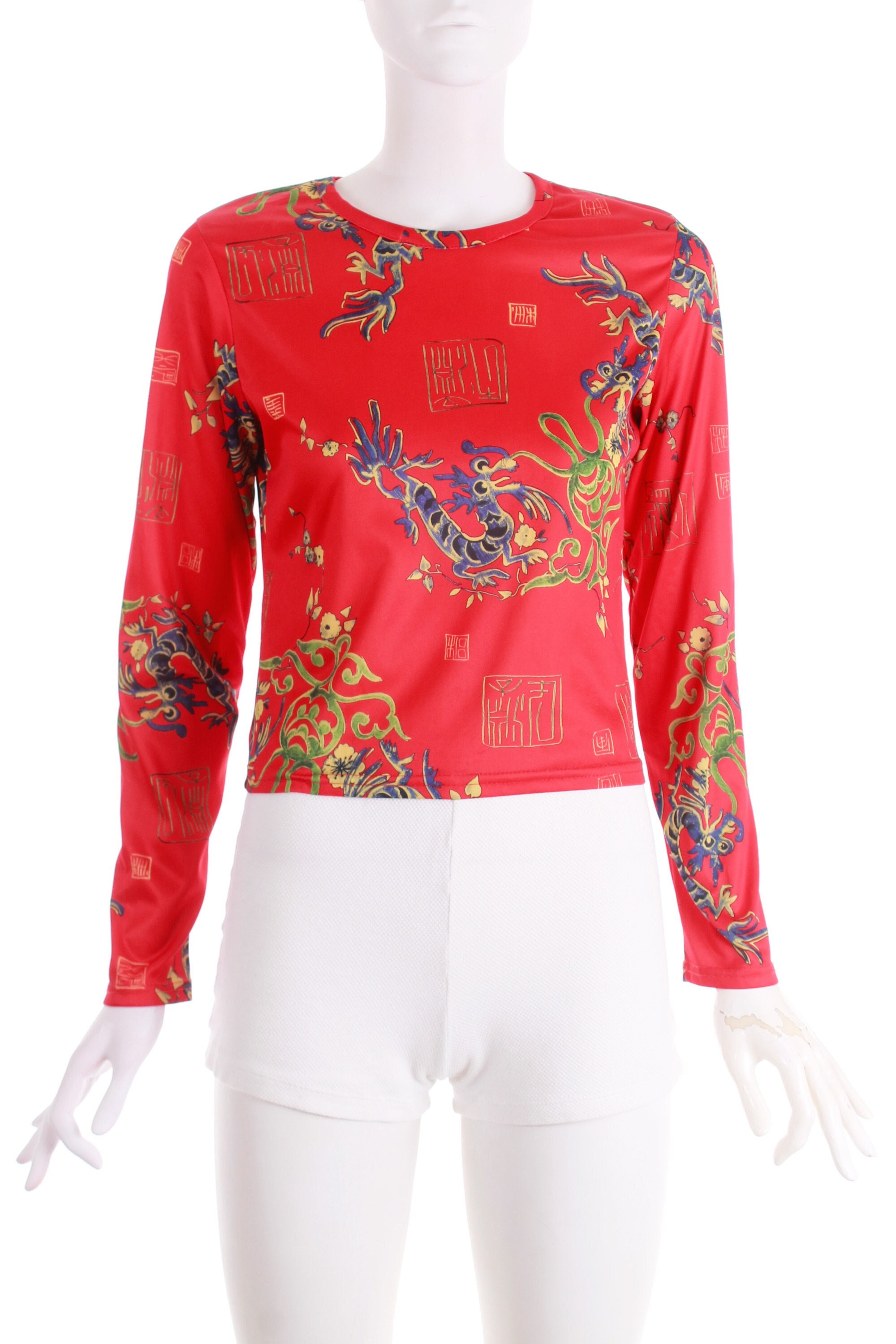 1990s Y2K Dragon Print Long Sleeve Top Red With Dragon Print 1990s Y2K Dragon Print Long Sleeve Top Red With Dragon Print