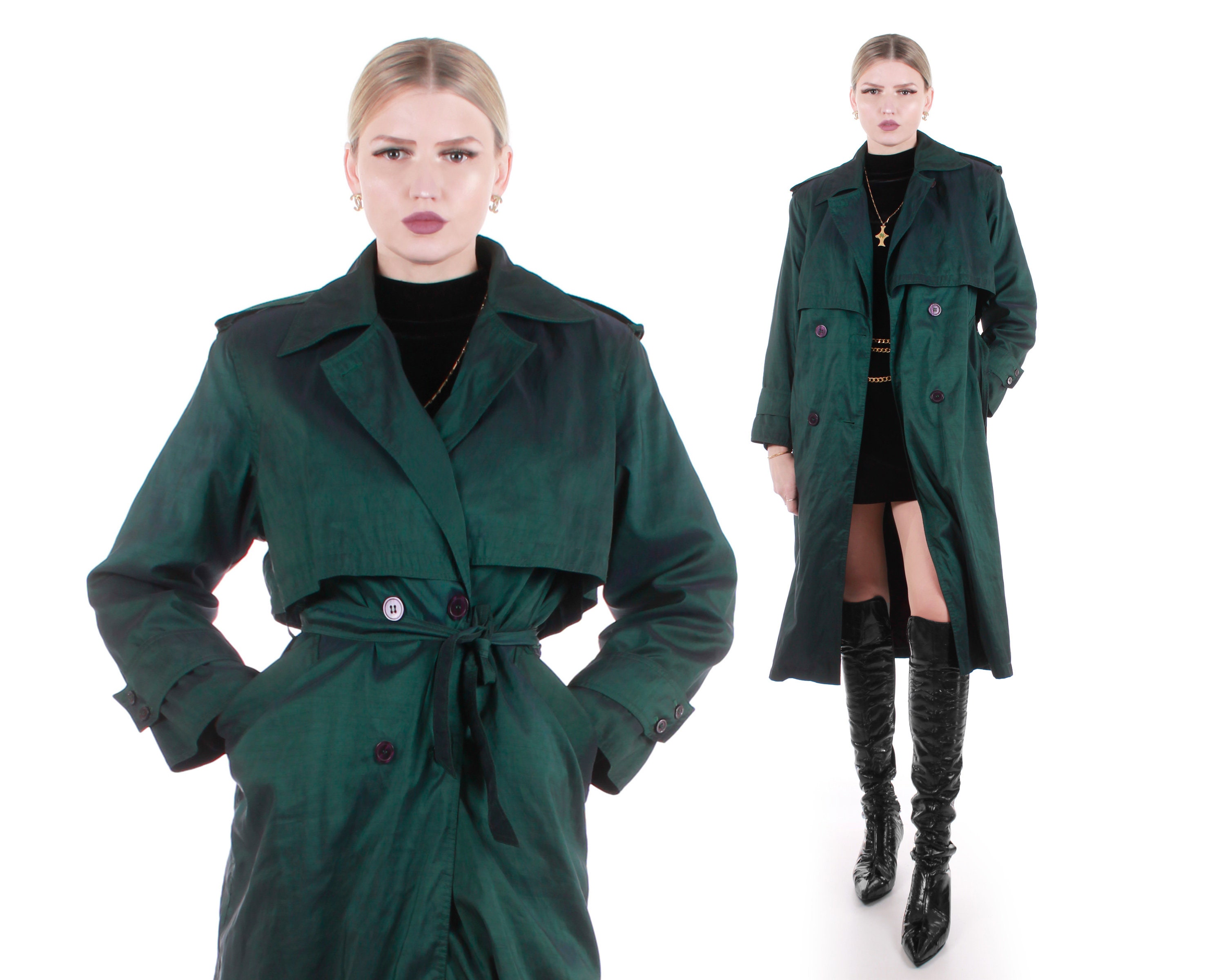 Vintage Green Iridescent Trench Coat With Warm Wool Liner by