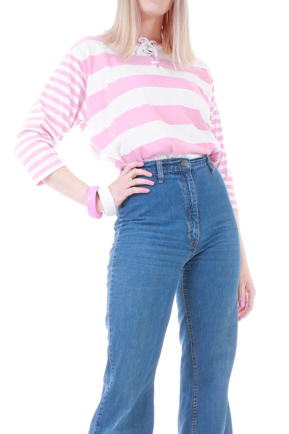 80s 90s Forenza Boxy Pink White Striped Lace Up T-