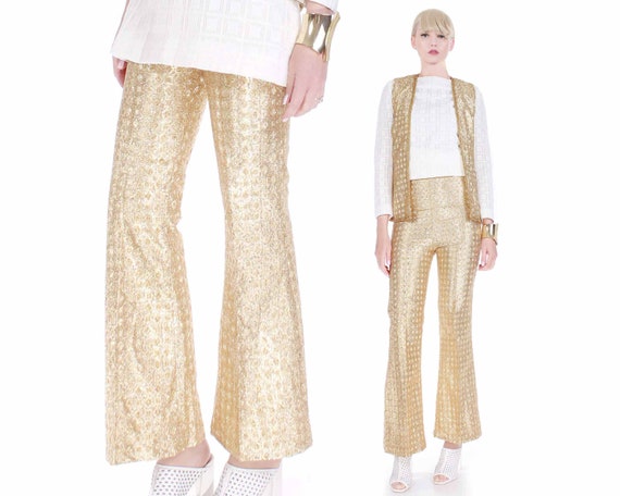 60s Vintage 2pc Gold Lame Metallic High Waist Bell