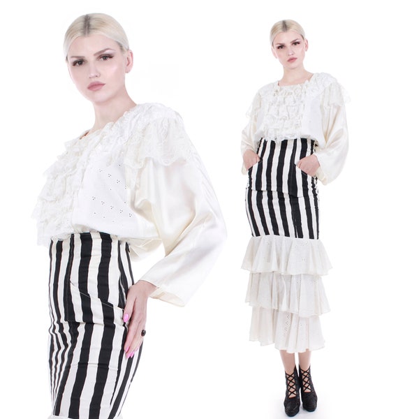 80s French 2pc Ruffle Blouse w Black and White Striped High Waist Skirt Set Size 6 / Small / 27" waist