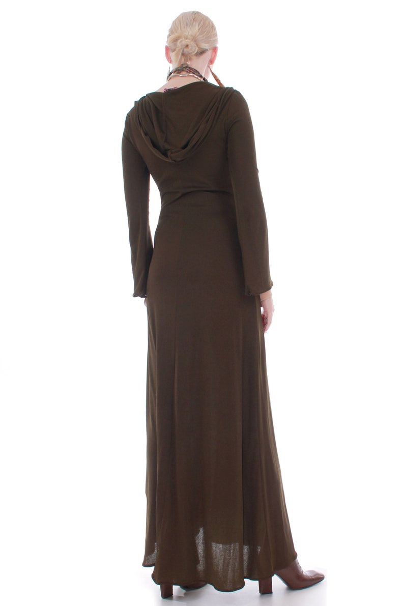 70s Vintage Georges Factory Slinky Hooded Brown Bell Sleeve Maxi Dress