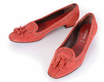 Vintage PRADA Burnt Orange Buttery Soft Suede Tasseled Loafers Made in Italy Women's USA Size 6 - EUR 36.5