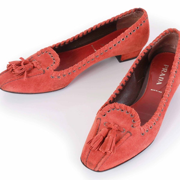 Vintage PRADA Burnt Orange Buttery Soft Suede Tasseled Loafers Made in Italy Women's USA Size 6 - EUR 36.5