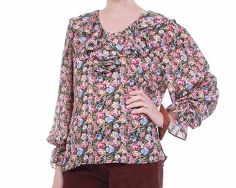 Vintage Floral Peasant Top - Ruffle Collar Billowy Sleeve, M/L