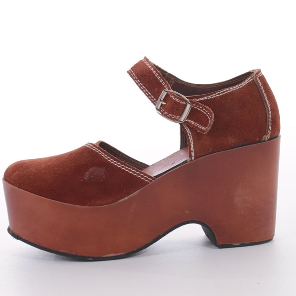 1970's Vintage Suede Platform Sandals Leather Shoes Boho Chic Womens Size US 6 UK 4 EUR 36-37