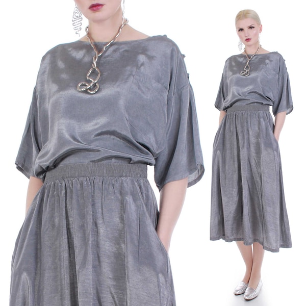 80s Vintage 2pc Silver Metallic Rayon A-Line Skirt and Boxy Top Size M/L