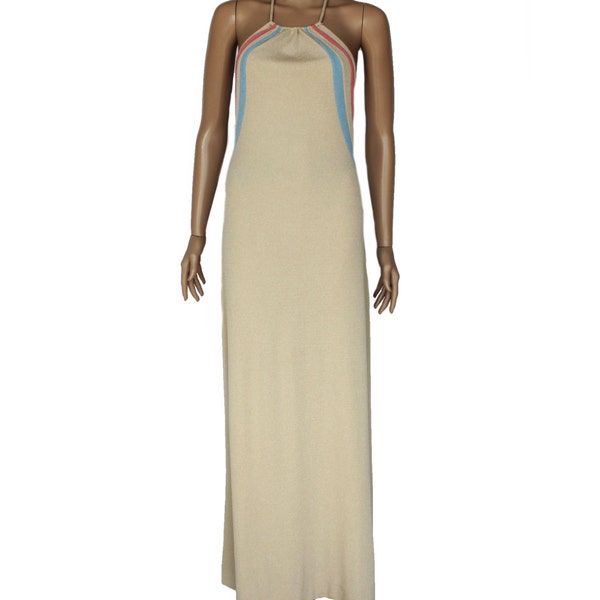 MED 70's Maxi Dress Slinky Halter Chic Slim Fitted Beige Pastel Pink Blue Disco Backless Spring Summer Resort Long Dress Women's Size Medium