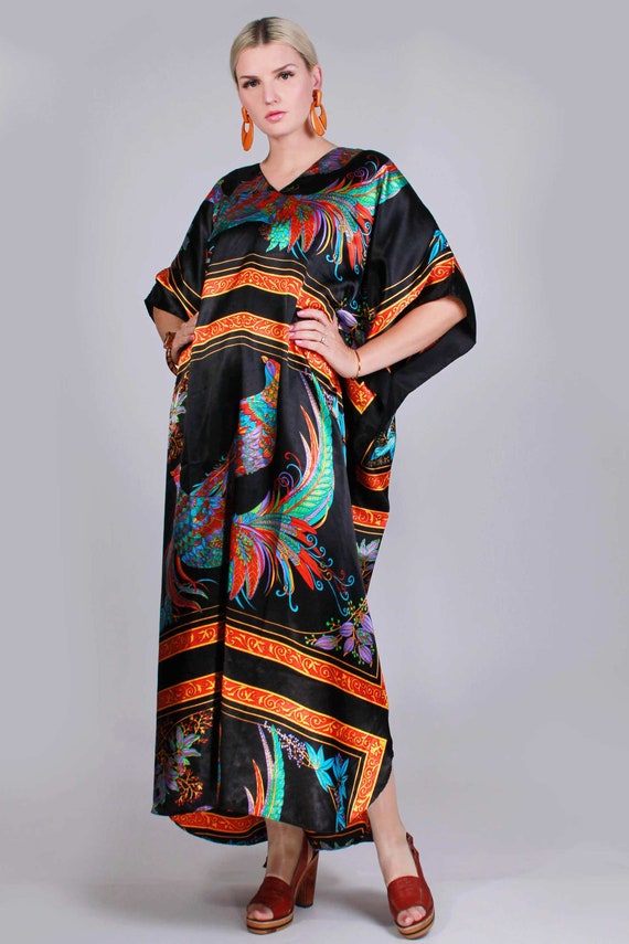 Satijn Pauw Bedrukte Kaftan Maxi Jurk Kleurrijke Zwarte