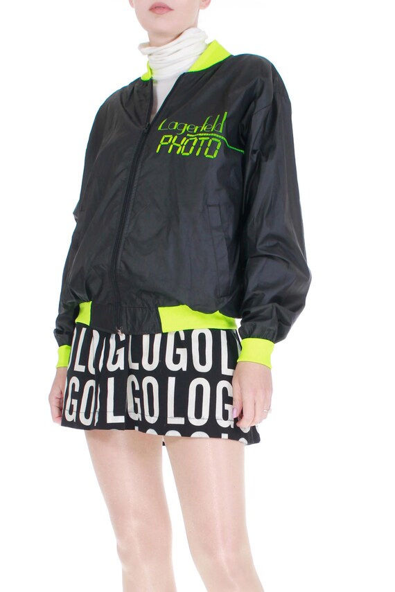 80s Karl Lagerfeld Black and Neon Green Spellout … - image 2