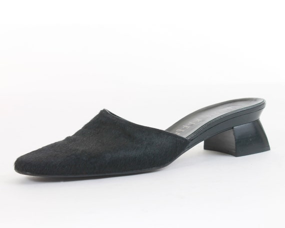 Vintage Calf Hair Black Block Heel Mules Made in I