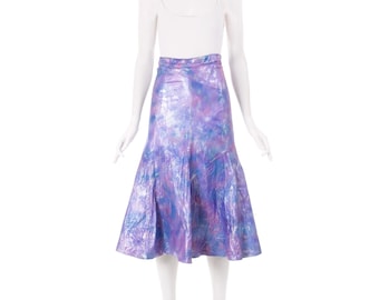 Vintage Metallic Leather Skirt Lavender Blue Pink Silver High Waist Mermaid Fit and Flare by Akay Made in Turkey Women's Size 6 / 26" waist