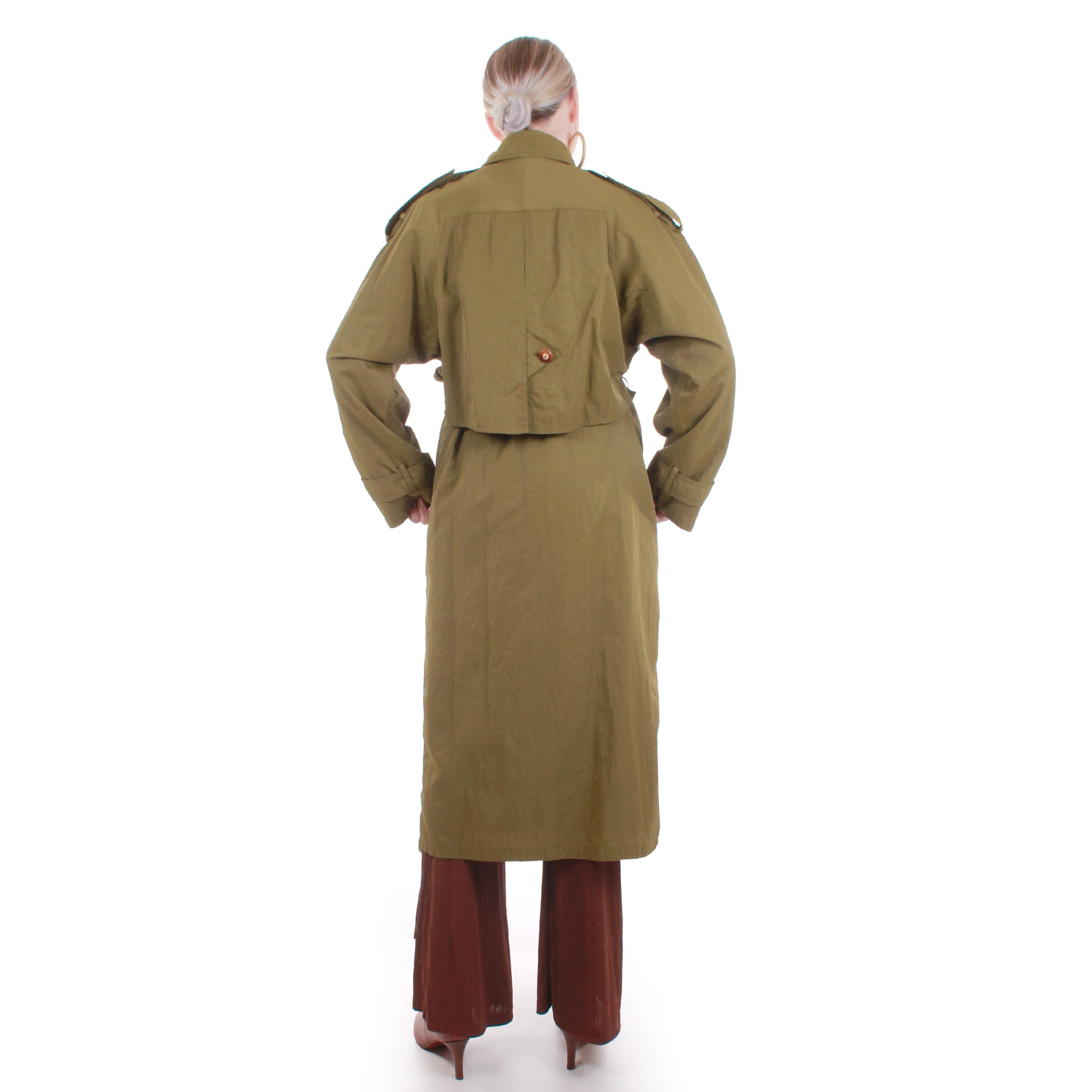 【激レア】◎90s◎Vintage◎ロングコート◎緑◎ピーチスキン◎雰囲気抜群◎ Vintage Gallery Olive Green Oversized Trench Coat Made in Korea