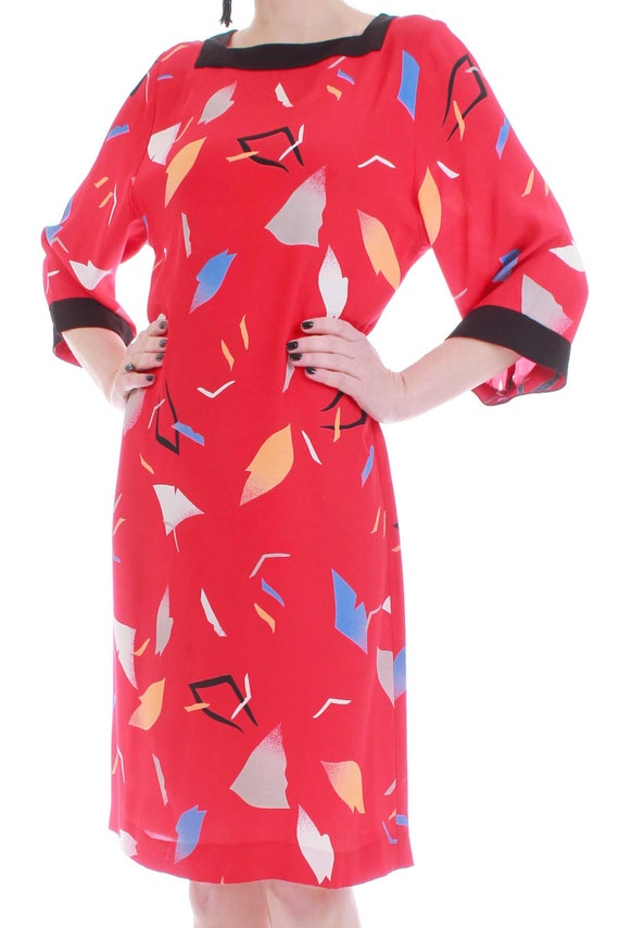 Vtg Silky Kimono Sleeve Tunic Dress Red Abstract … - image 3