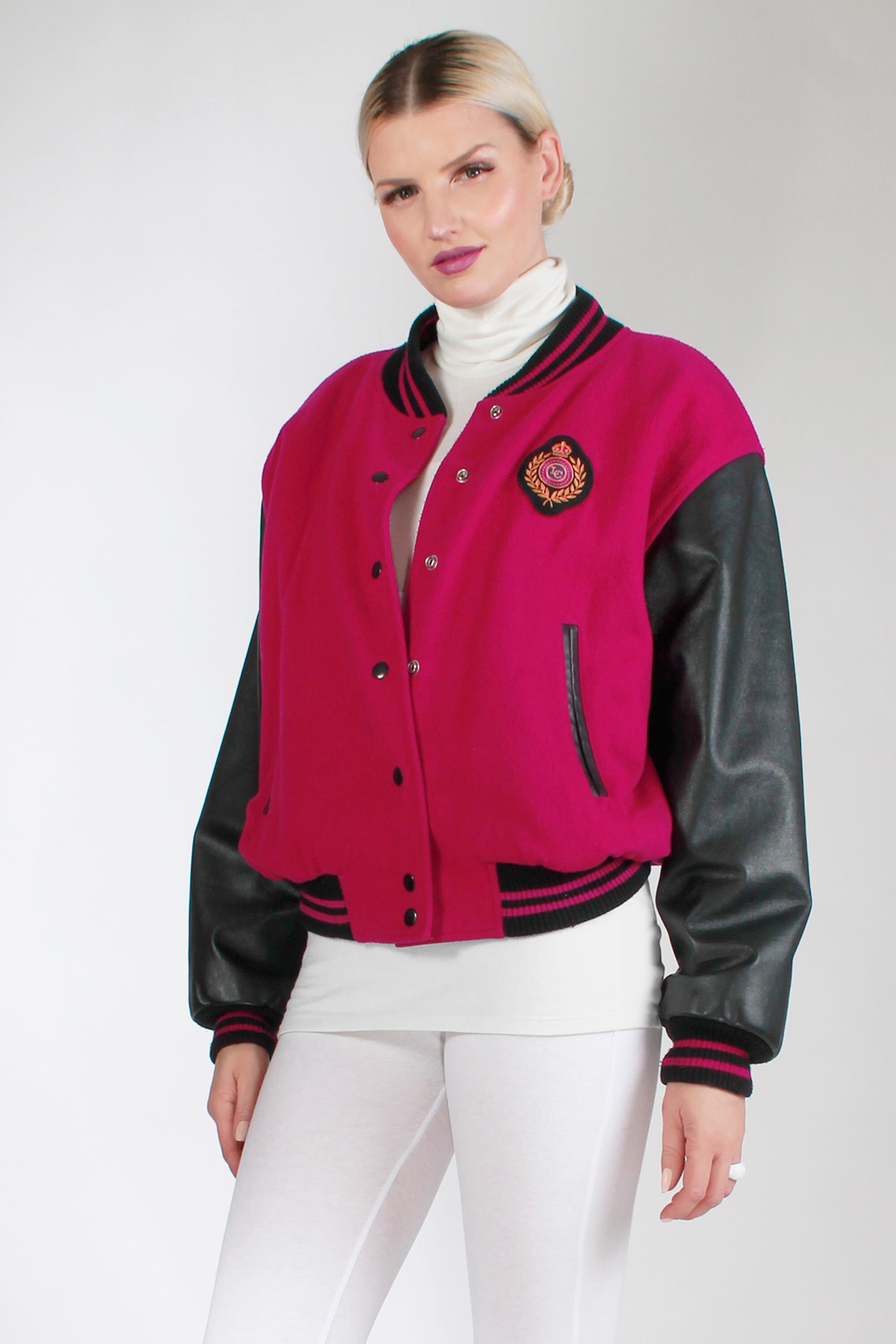 Vintage 80s Dark Pink Wool and Black Leather Letterman