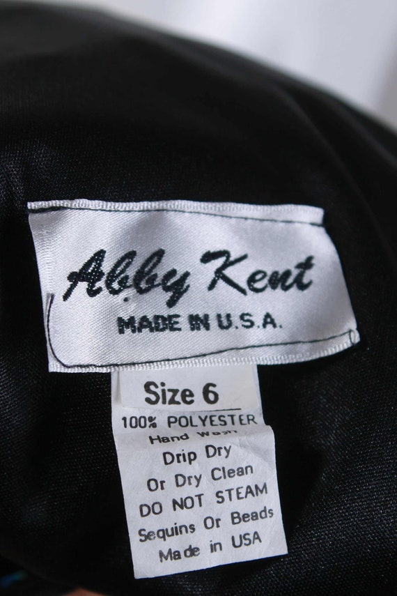 80s Abby Kent Glossy Black Draped Wrap Dress Blue… - image 9