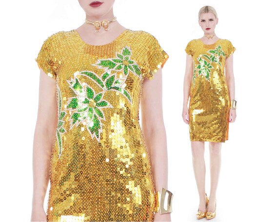 80s Vtg PALM Gold Metallic and Green Sequin Beaded