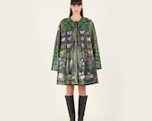 Vintage 1980s Northside Leather Hand Painted Botanical Print Swing Coat with Ferns Butterflies and Flowers One Size Fits Many