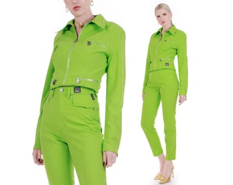 Perfecto Vintage Versace Jeans Couture Lima Chaqueta Verde Pantalones 2pc Set Hecho en Italia Tamaño S/M