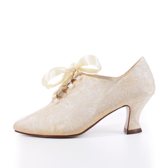 80s Victorian Satin Brocade Lace Up Ivory Ankle Bo