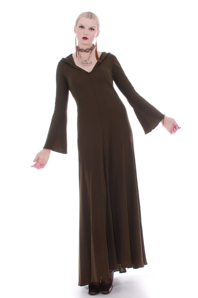70s Vintage Georges Factory Slinky Hooded Brown Bell Sleeve Maxi Dress