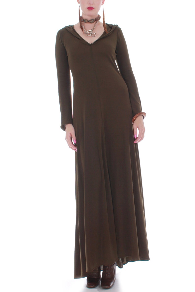 70s Vintage Georges Factory Slinky Hooded Brown Bell Sleeve Maxi Dress