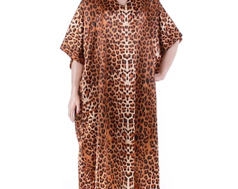 Vintage 80s Animal Print Silky Caftan Loungewear Maxi Dress OSFA One Size Fits All
