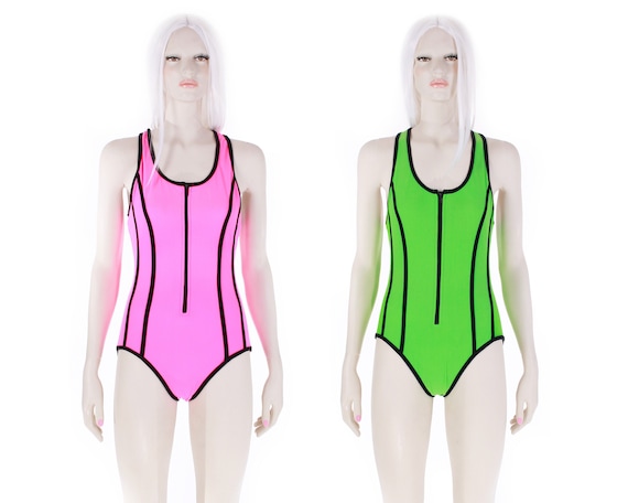 Vintage 90s NEON PINK Zippered One Piece Swimsuit… - image 1