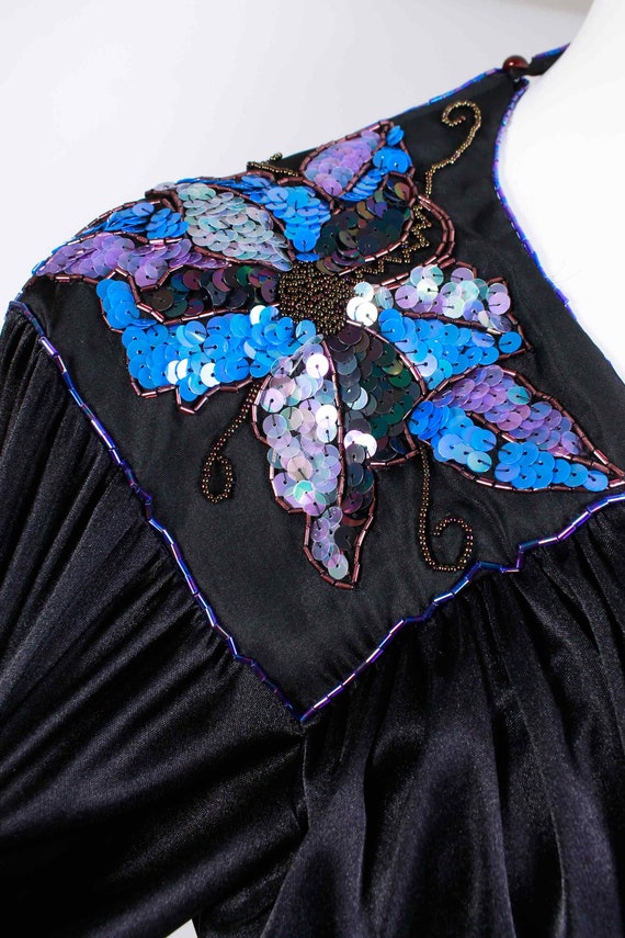 80s Abby Kent Glossy Black Draped Wrap Dress Blue… - image 2