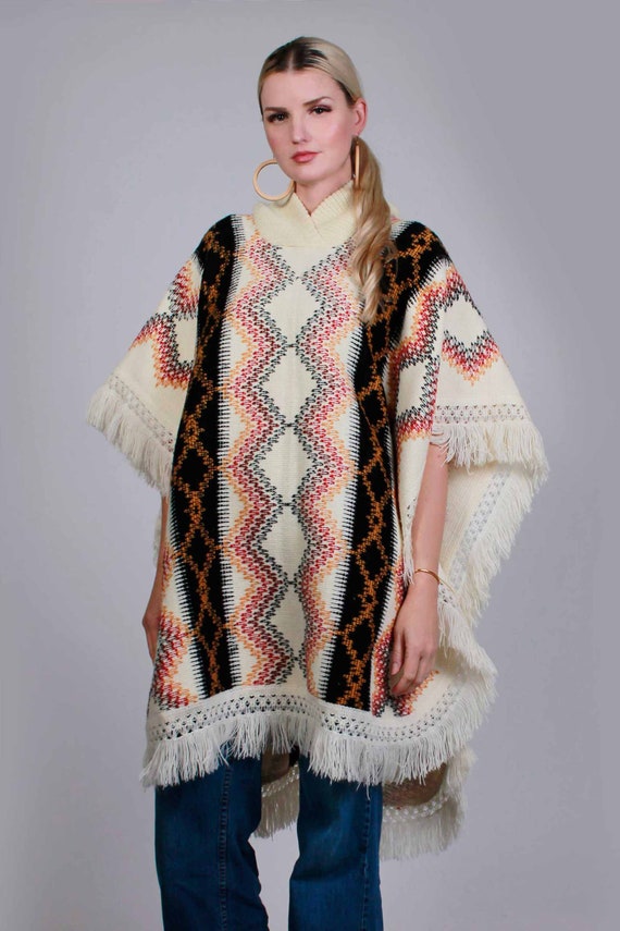 Vintage 70s Southwestern Knitted Poncho Sweater O… - image 2