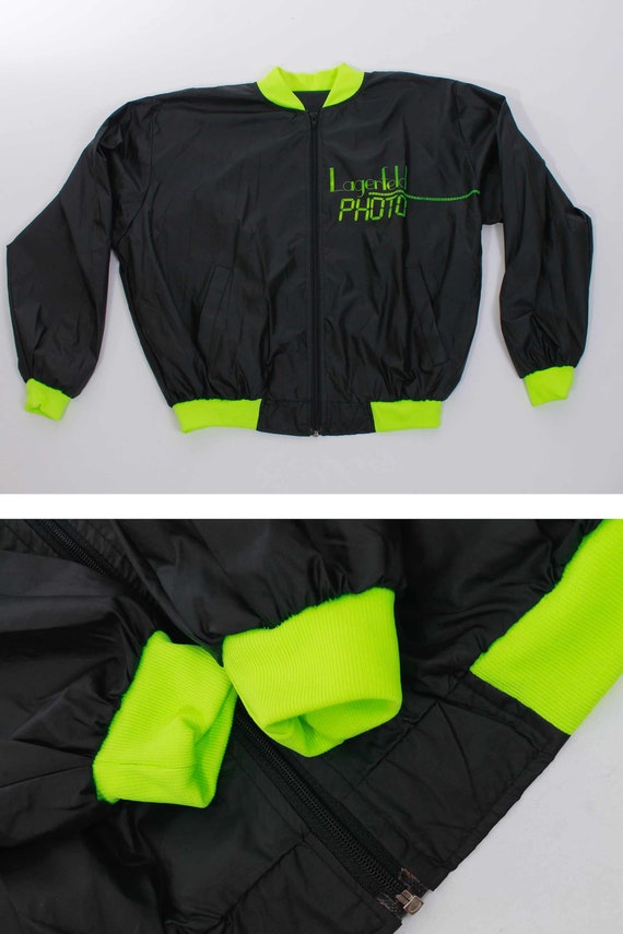 80s Karl Lagerfeld Black and Neon Green Spellout … - image 5