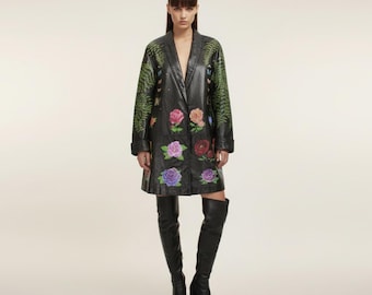 80s Vintage Painted Leather Swing Jacket: Roses, Ferns, Butterflies, Ladybugs Wearable Art