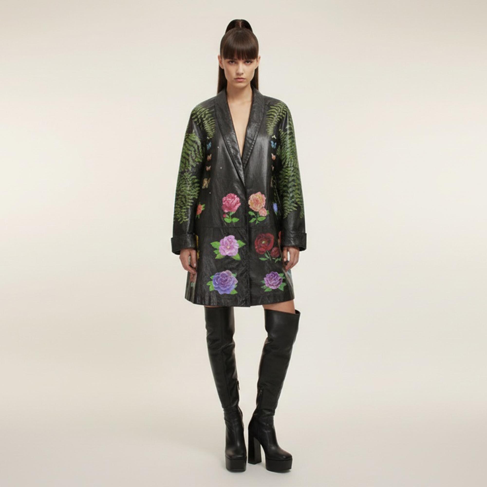 ジャケット・アウター PERIOD FEATURES Hand Painted Swing Top 80s Vintage Painted Leather Swing Jacket: Roses, Ferns
